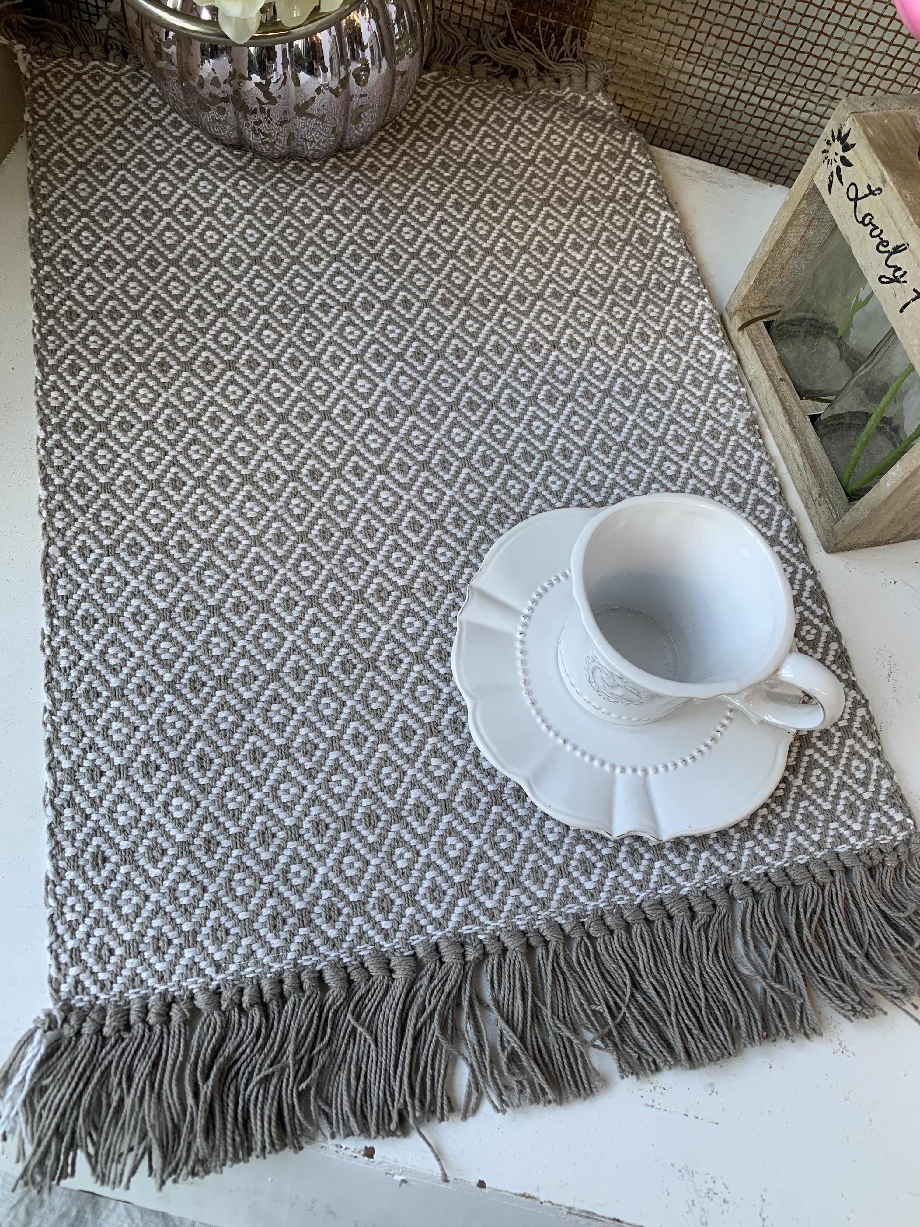 Tischset Platzset | 45 Stück lillabelle | Baumwolle 33 KARA Textilien Platzsets cm | x 2 Fransen Grau